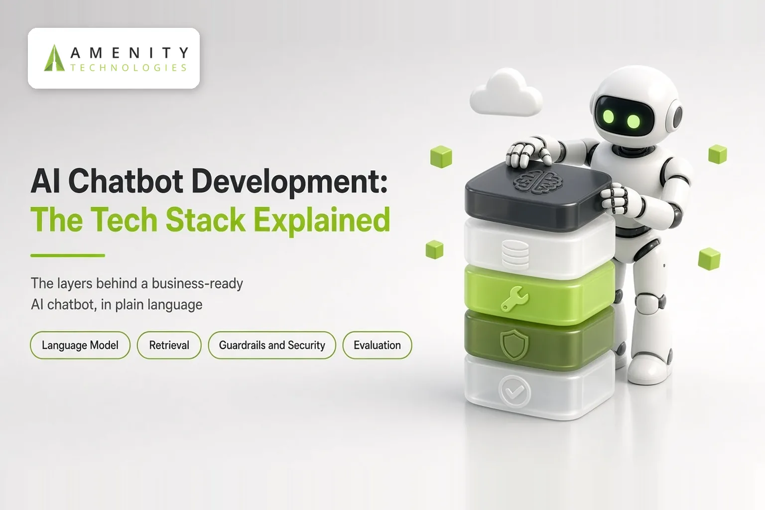 3D robot stacking glossy layers for the model, retrieval, guardrails and evaluation of an AI chatbot tech stack