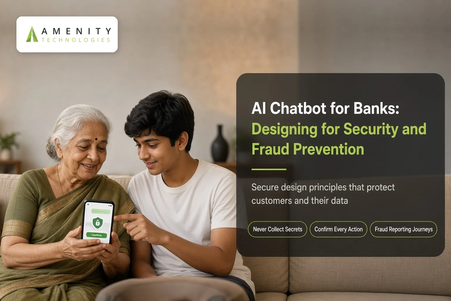 Grandmother and grandson on a sofa checking a secure banking chat on her phone, with a shield and lock on screen