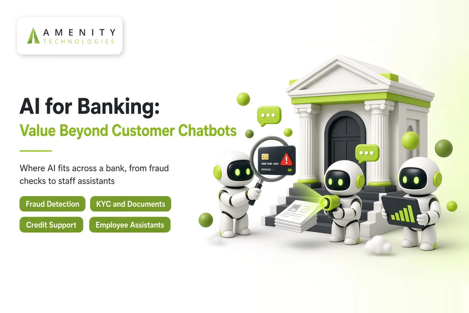 Three 3D robots at a miniature bank checking a card for fraud, scanning KYC documents and reviewing a credit chart