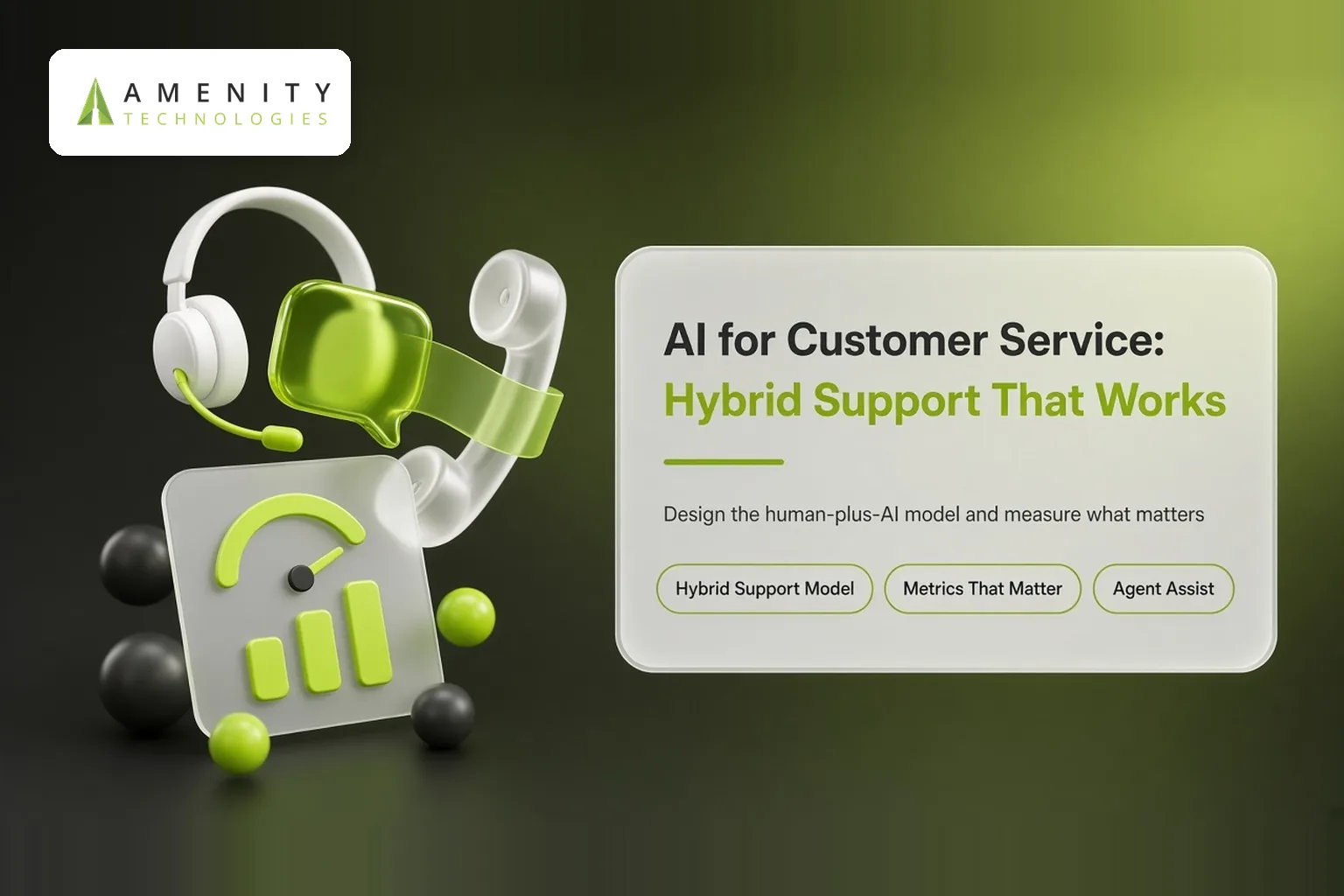 3D headset, phone handset, chat bubble and gauge with bar chart representing hybrid AI and human support metrics