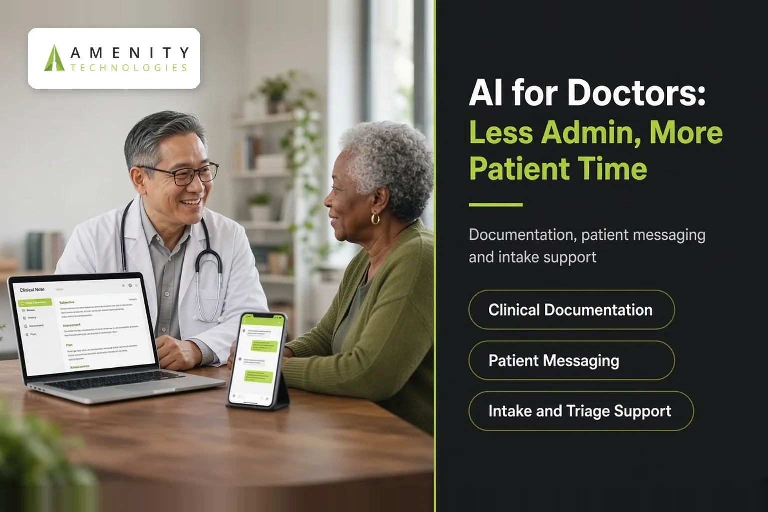 Doctor at a desk with a laptop of clinical notes, talking with an older patient holding a phone with chat messages