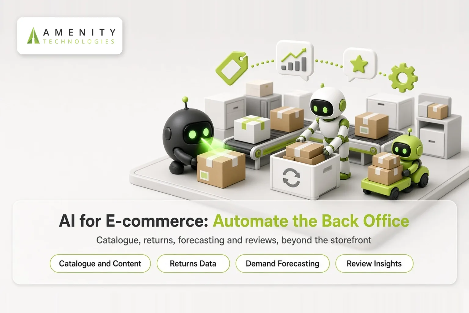 3D robots moving parcels through a warehouse with returns, forecasting chart and review icons above