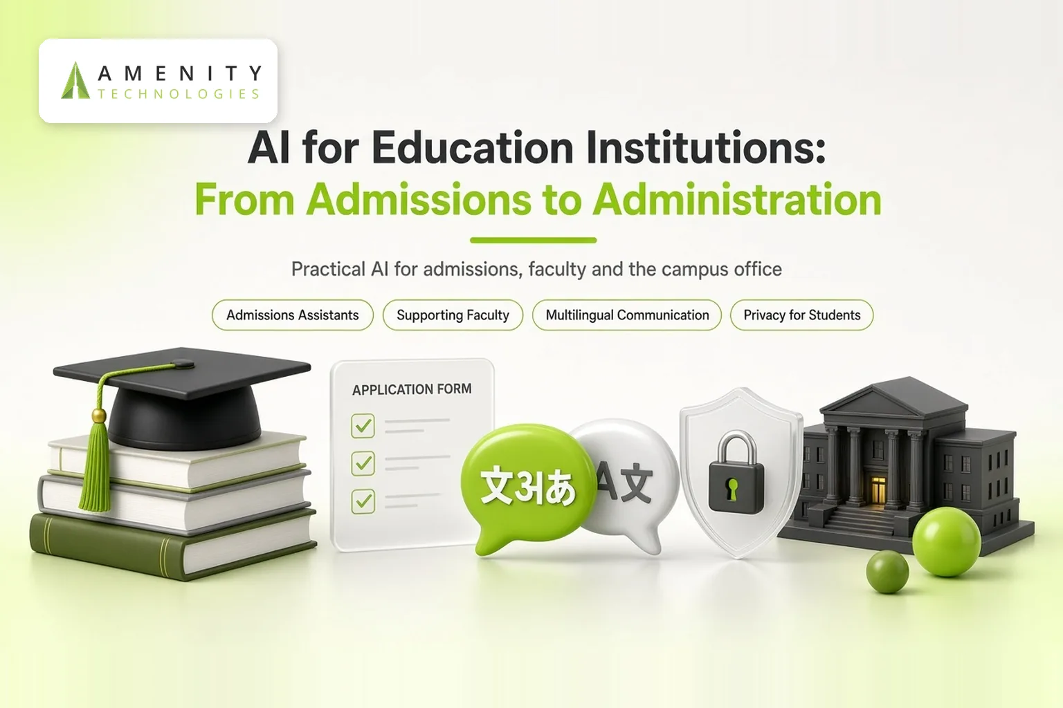 Graduation cap on books beside an application form, translation bubbles, a padlock shield and a campus building