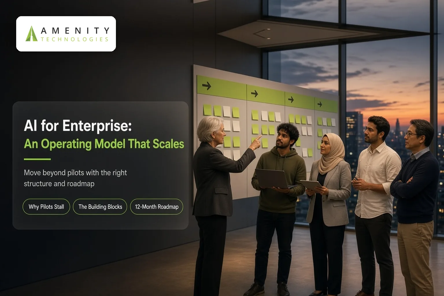 Five colleagues in an evening office reviewing a wall roadmap of sticky notes for an enterprise AI operating model