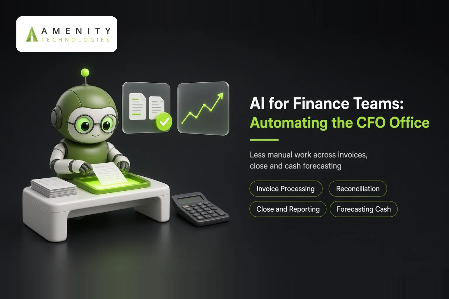 3D robot accountant in glasses feeding invoices into a scanner, with matched documents and a rising cash-flow chart