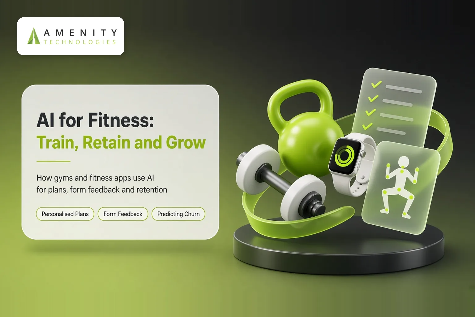 3D kettlebell, dumbbell and smartwatch next to a workout checklist and a pose-tracking card