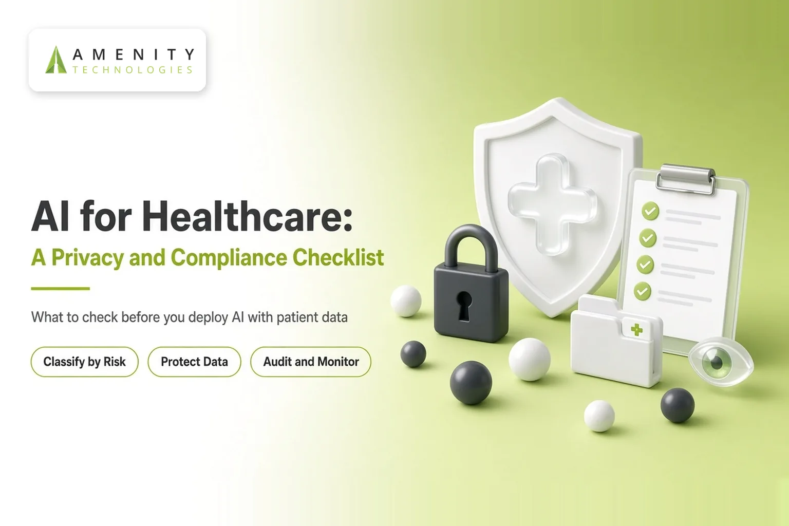 3D shield with a medical cross, padlock, patient folder and a clipboard checklist with green ticks