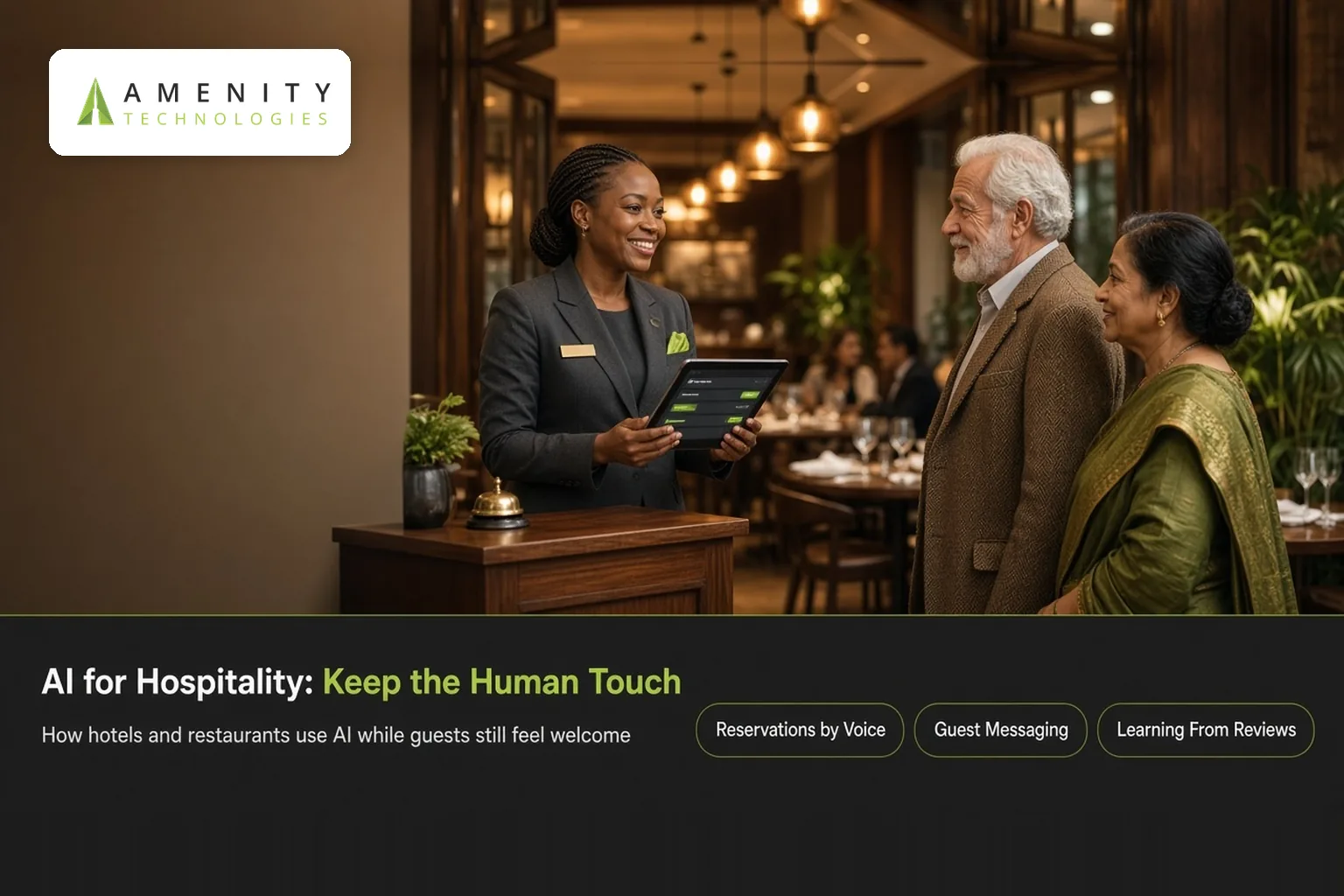 Restaurant host with a tablet of reservations welcoming an older couple at a warmly lit hotel restaurant
