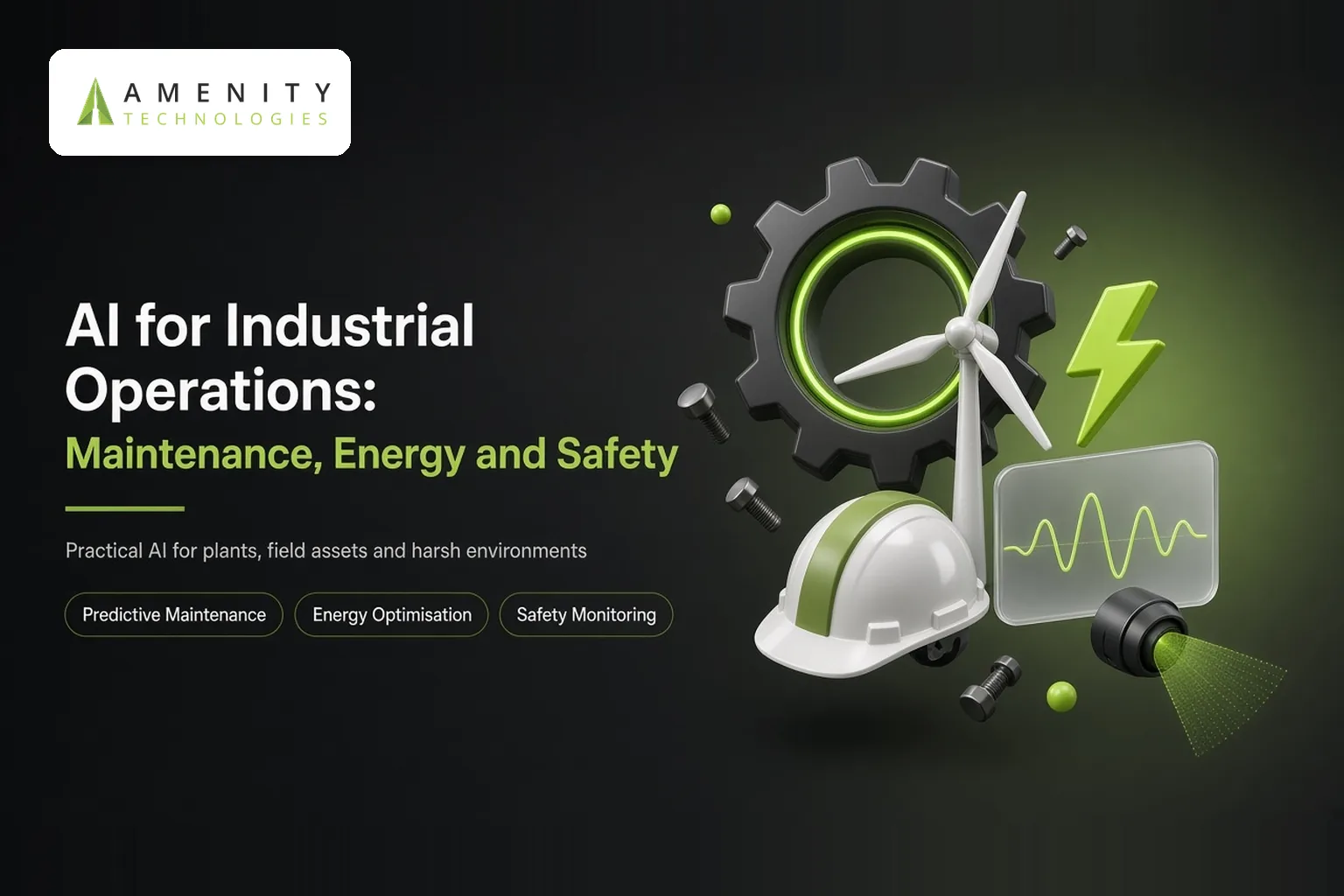 3D gear with a wind turbine, hard hat, lightning bolt and sensor waveform for maintenance, energy and safety