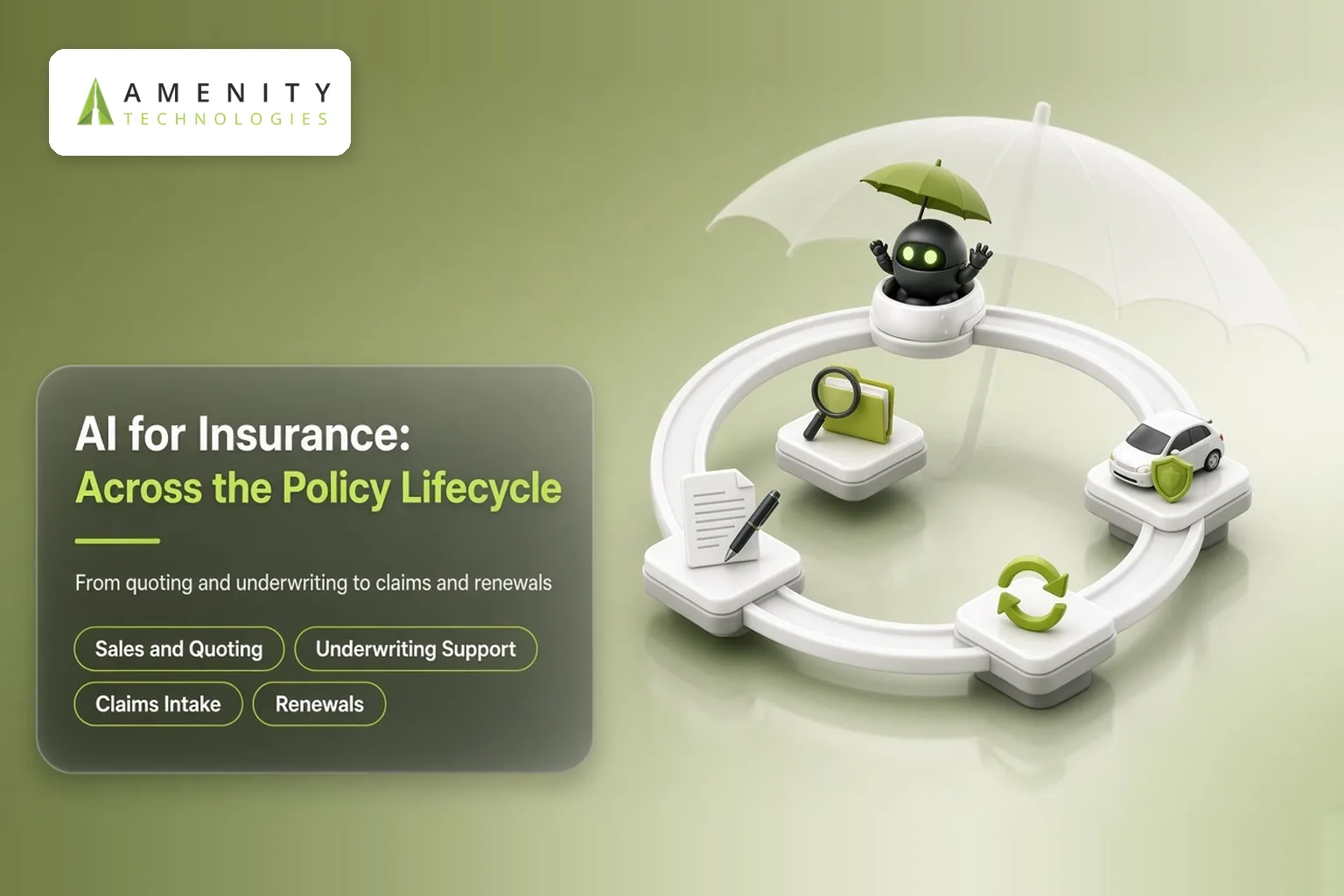 3D loop of policy stages under an umbrella, with quote document, magnifier, insured car and renewal icon