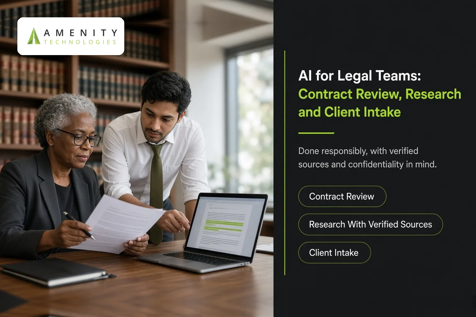 Senior lawyer reviewing a printed contract with a younger associate whose laptop shows highlighted clauses