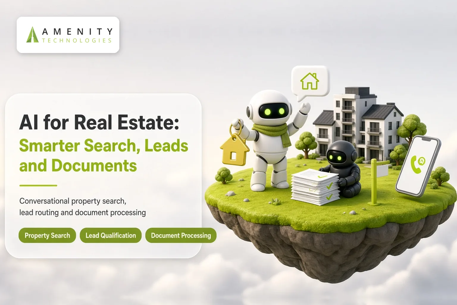 3D robot estate agent holding a house key on a floating island with homes, documents and a phone