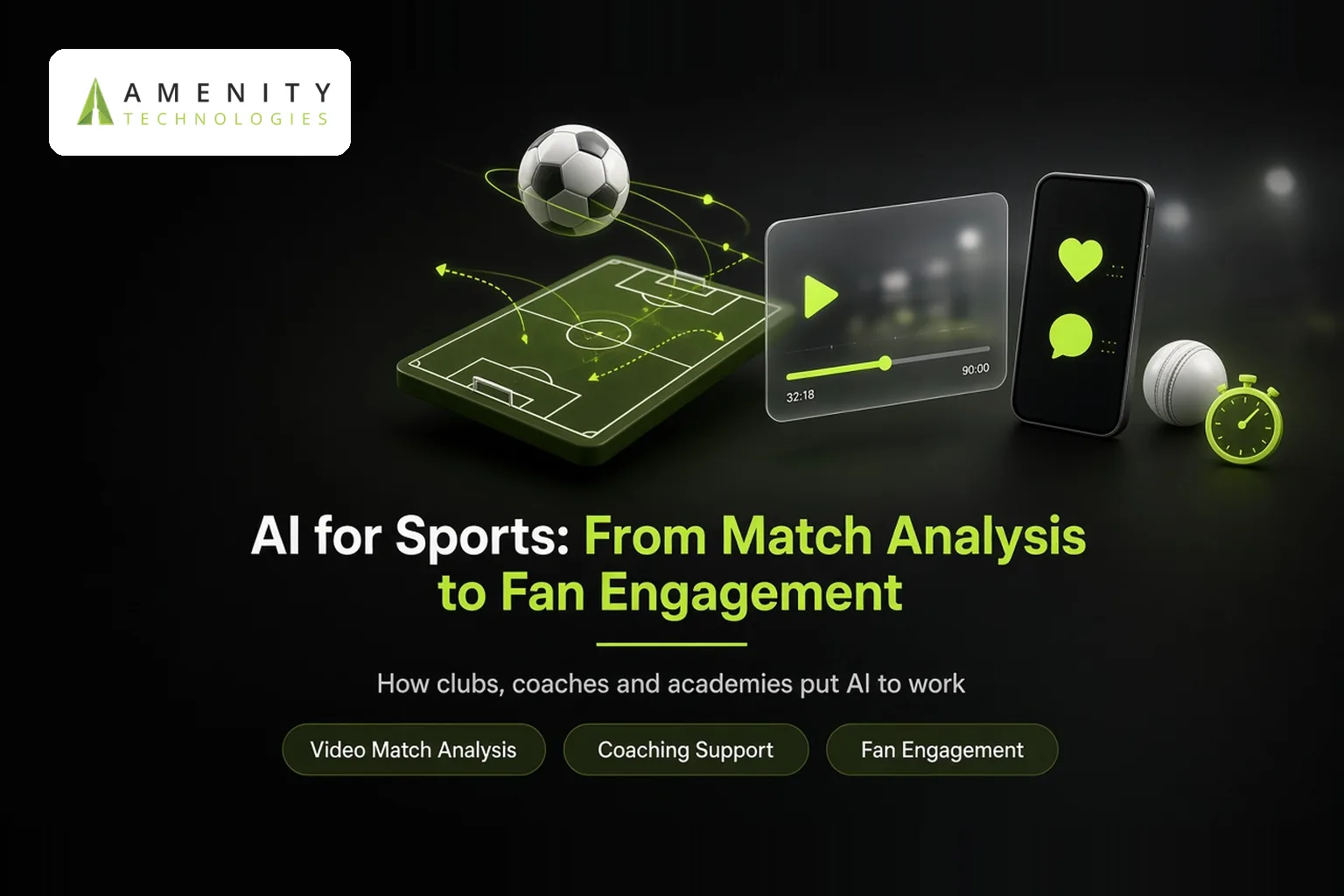 3D football pitch with tracking arrows, a match video card, a phone with fan reactions and a stopwatch