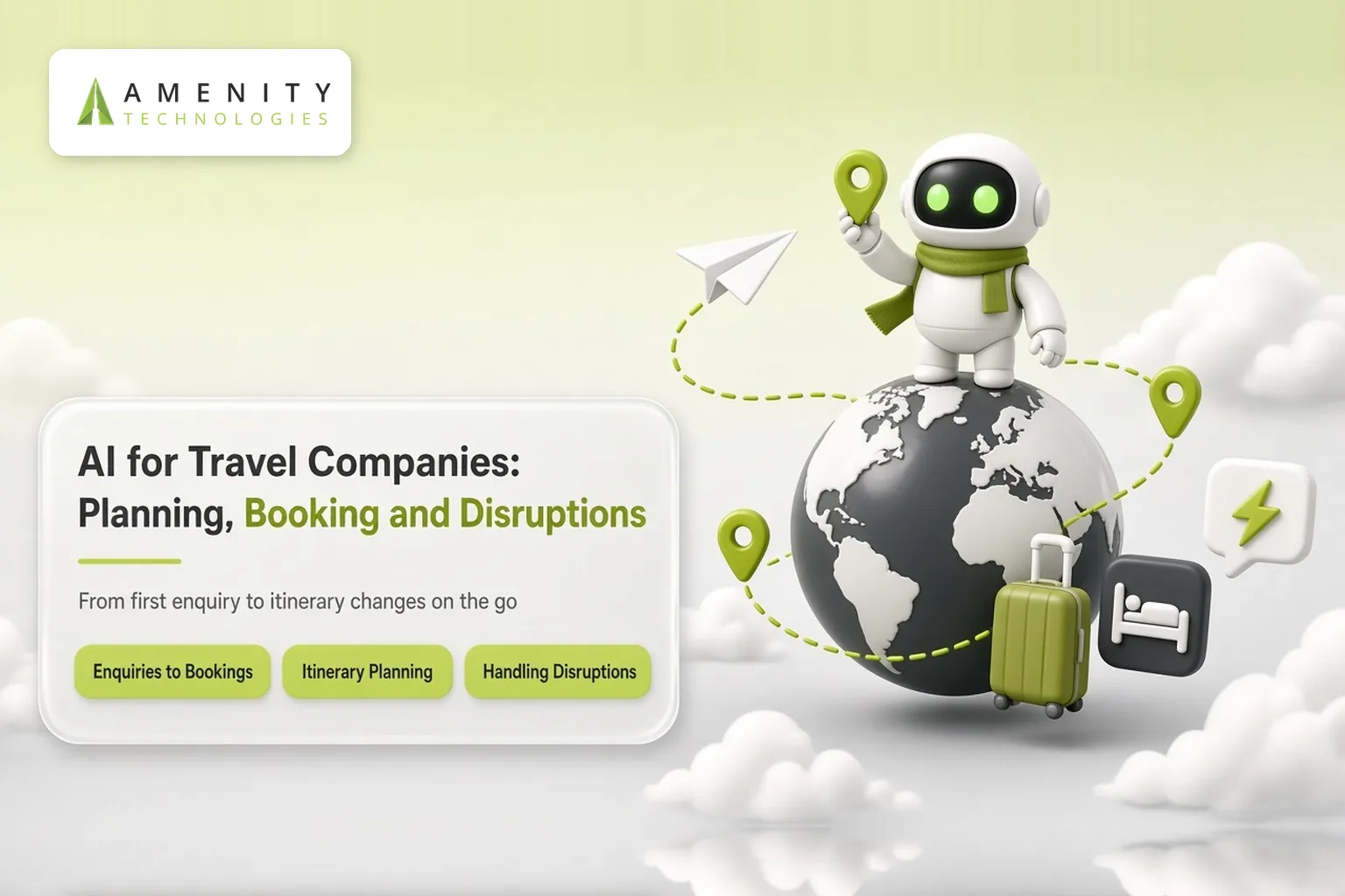 3D robot on a globe with route pins, a paper plane, a suitcase and a hotel bed icon