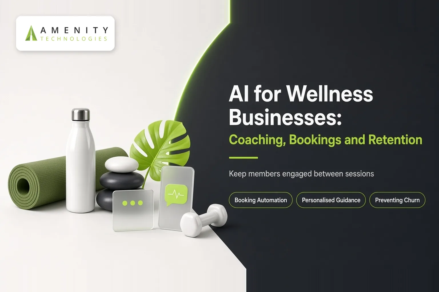Yoga mat, water bottle, stones, dumbbell and chat cards in a calm 3D wellness scene