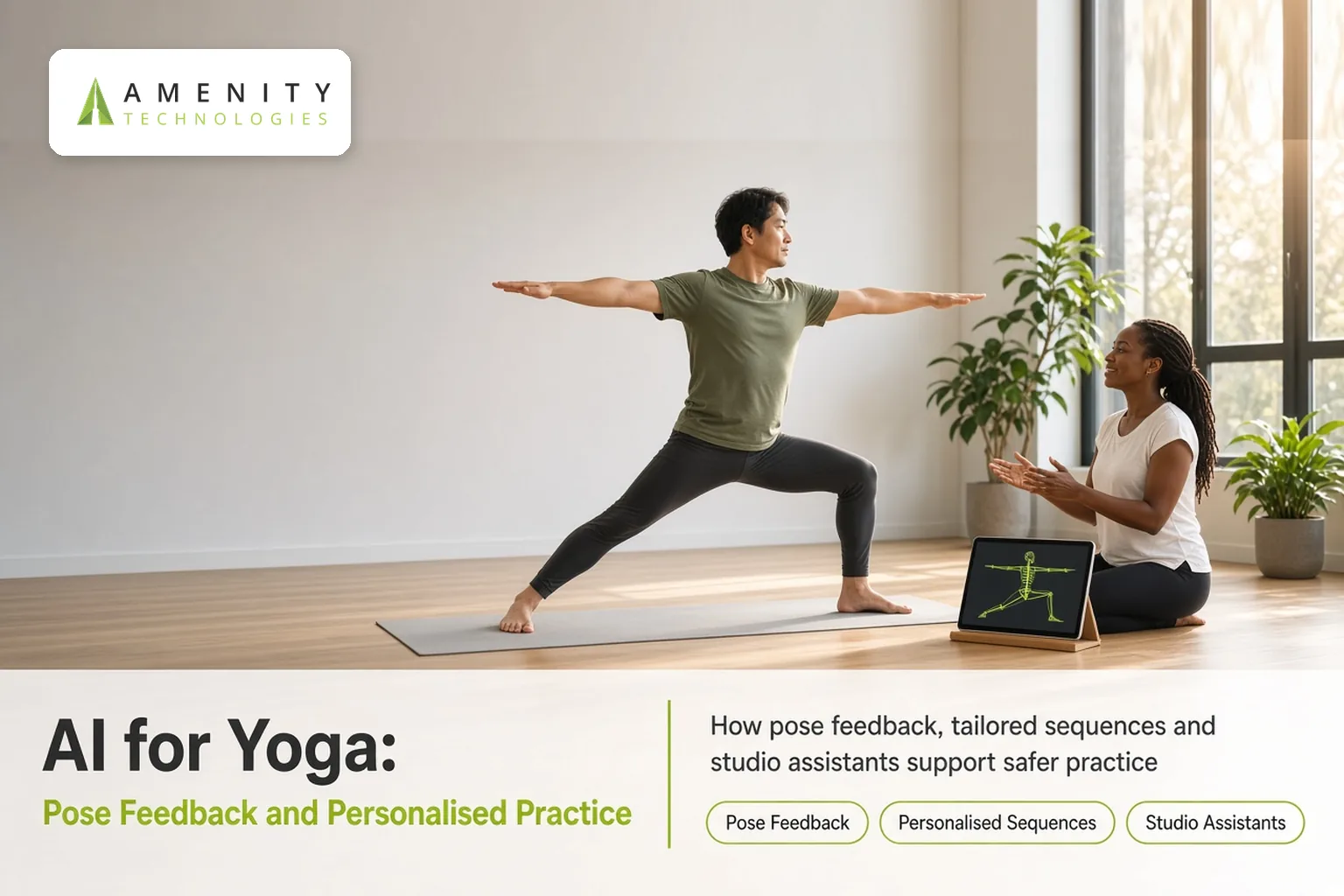 Man holding a warrior pose in a bright studio while an instructor and a tablet track his posture