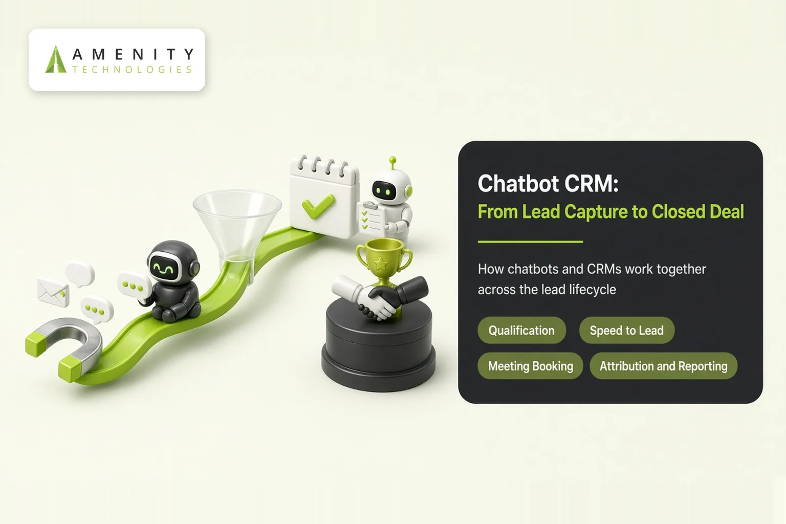 3D robots on a track from a lead magnet through a funnel and calendar booking to a trophy and handshake