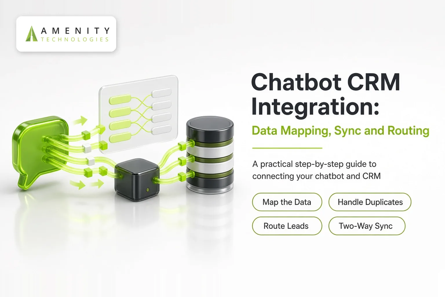 3D chat bubble linked by glowing data lines through a mapping panel and router to a database stack