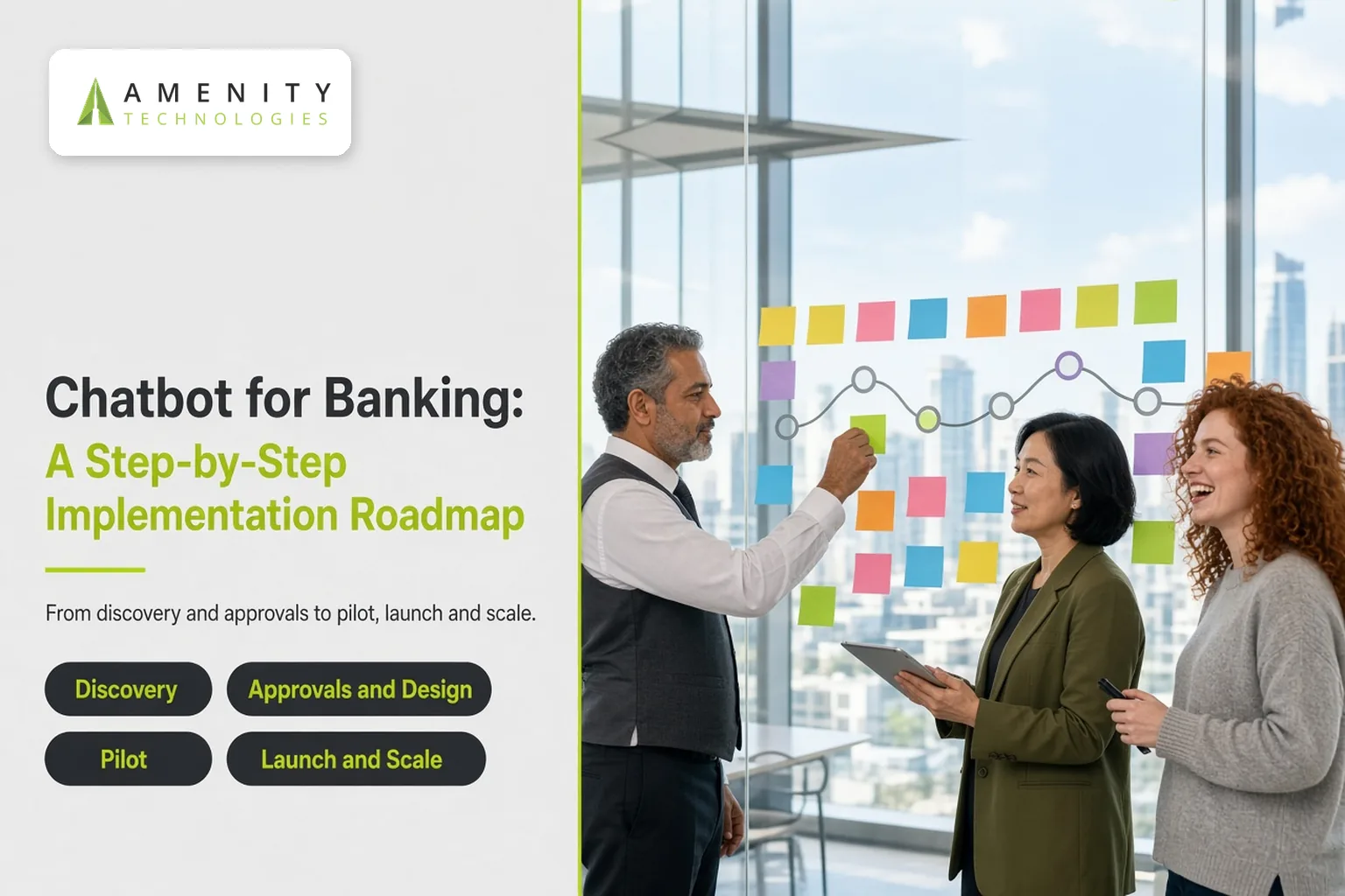 Three bank colleagues planning a project roadmap on a glass wall of sticky notes in a bright office