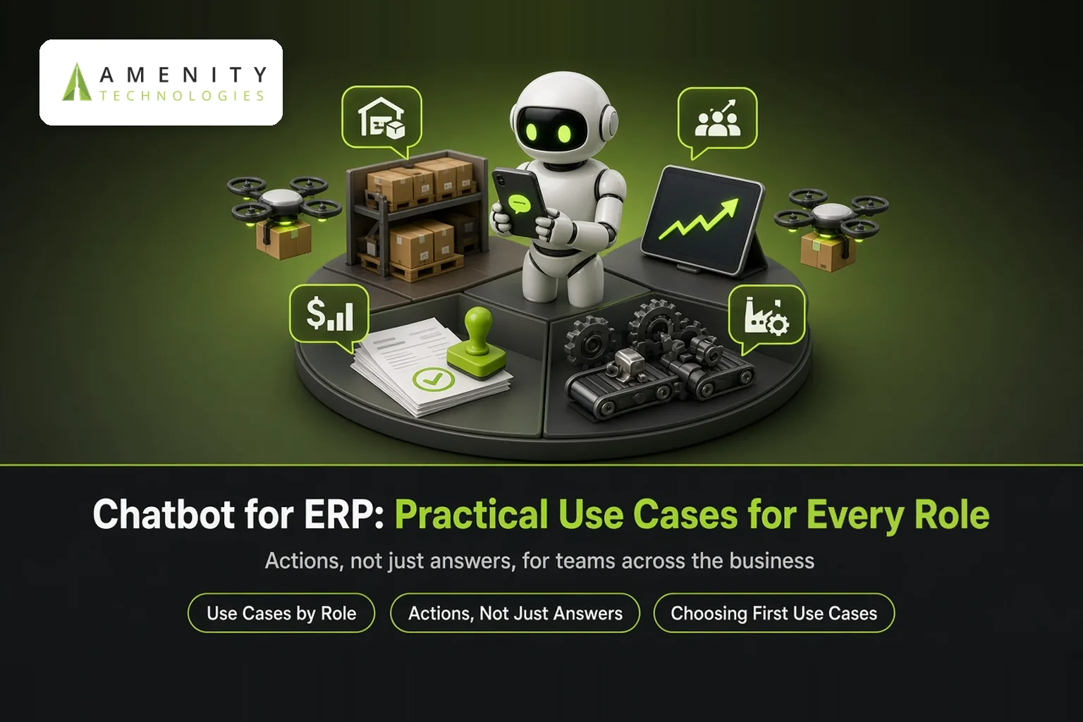 3D robot with a phone on a turntable of warehouse, finance, sales and factory scenes, with delivery drones