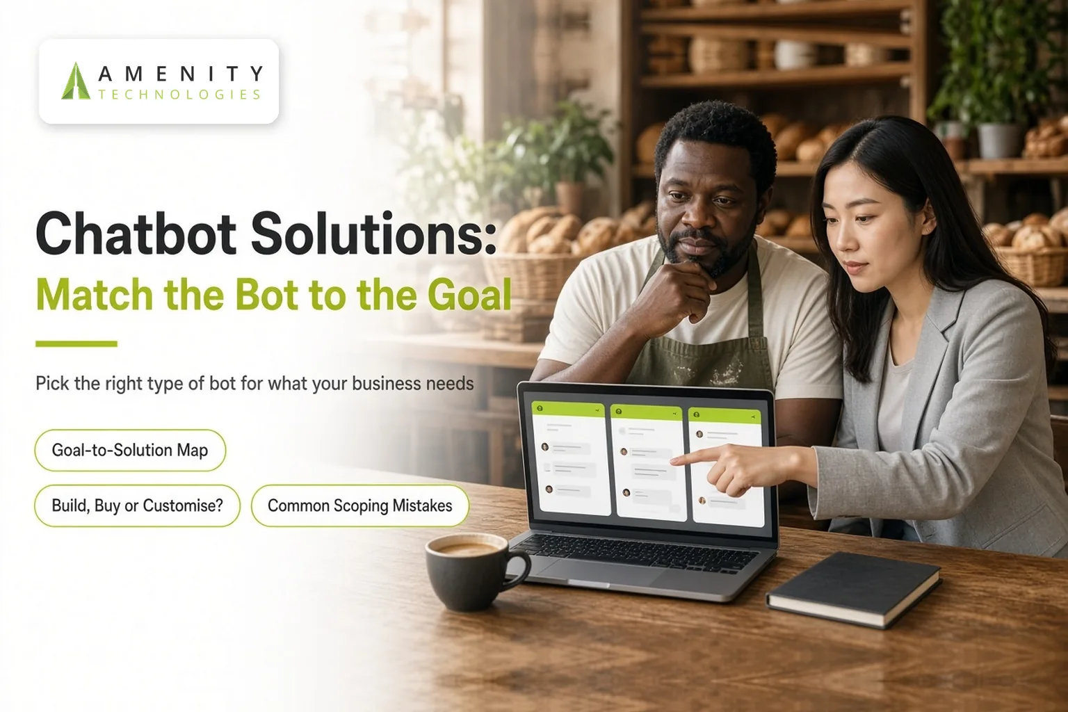 Two cafe owners at a laptop comparing chatbot options laid out in three columns