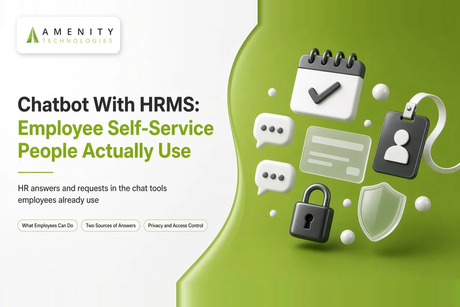 3D calendar, ID badge, chat bubbles, padlock and shield for HR self-service through a chatbot