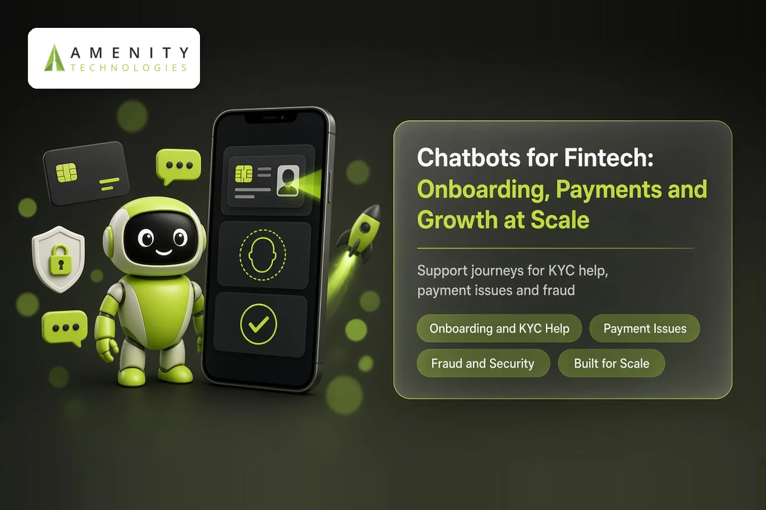 3D robot beside a phone showing ID verification, with a card, shield, chat bubbles and rocket