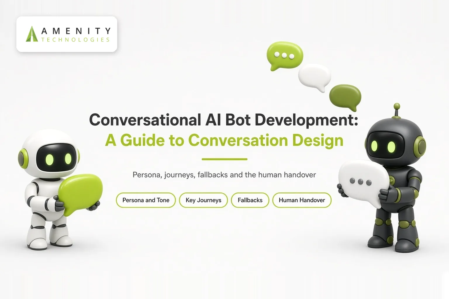 Two 3D robots, one white and one dark, exchanging speech bubbles in a conversation