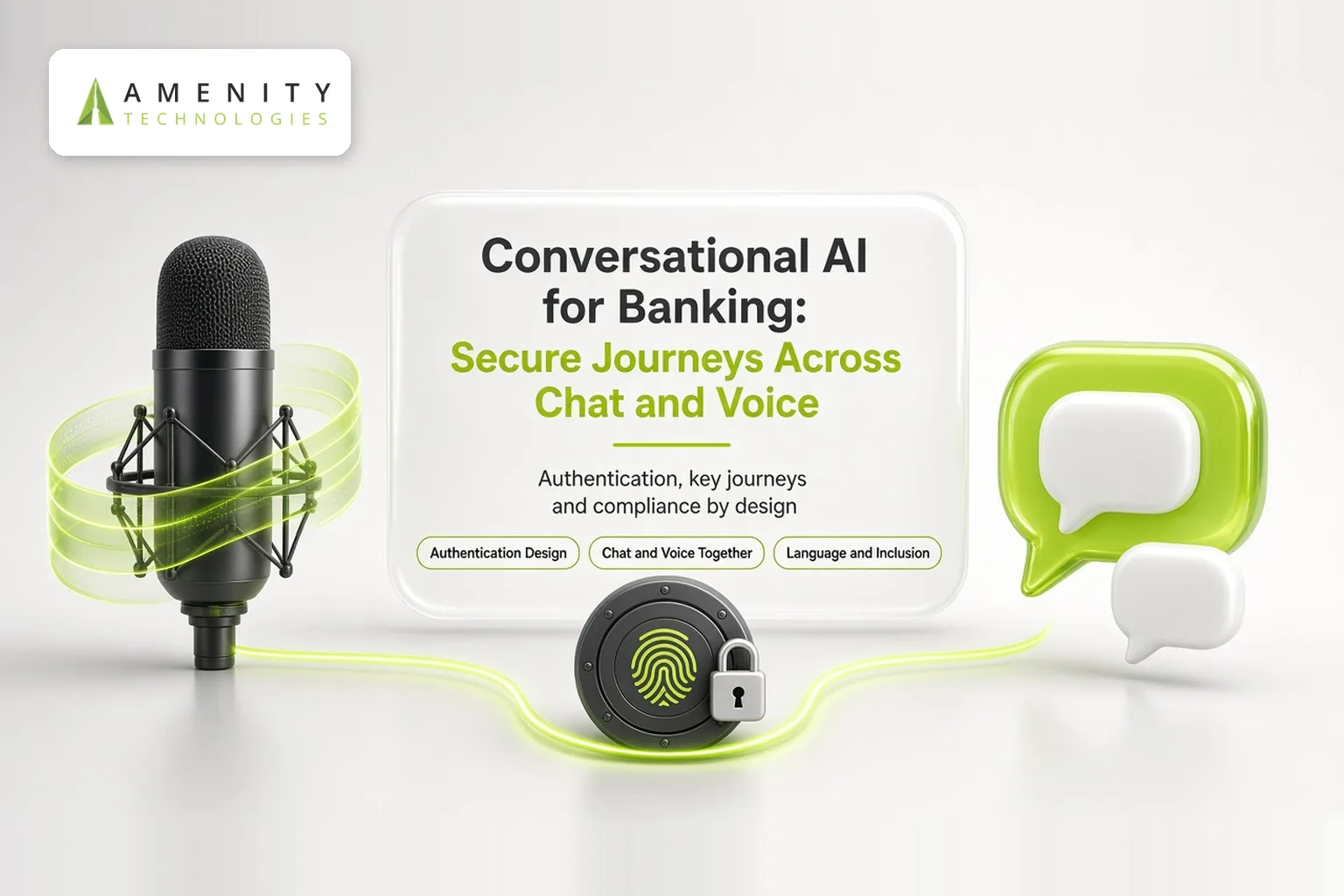 Studio microphone wrapped in green ribbon, a fingerprint lock and chat bubbles for secure voice and chat