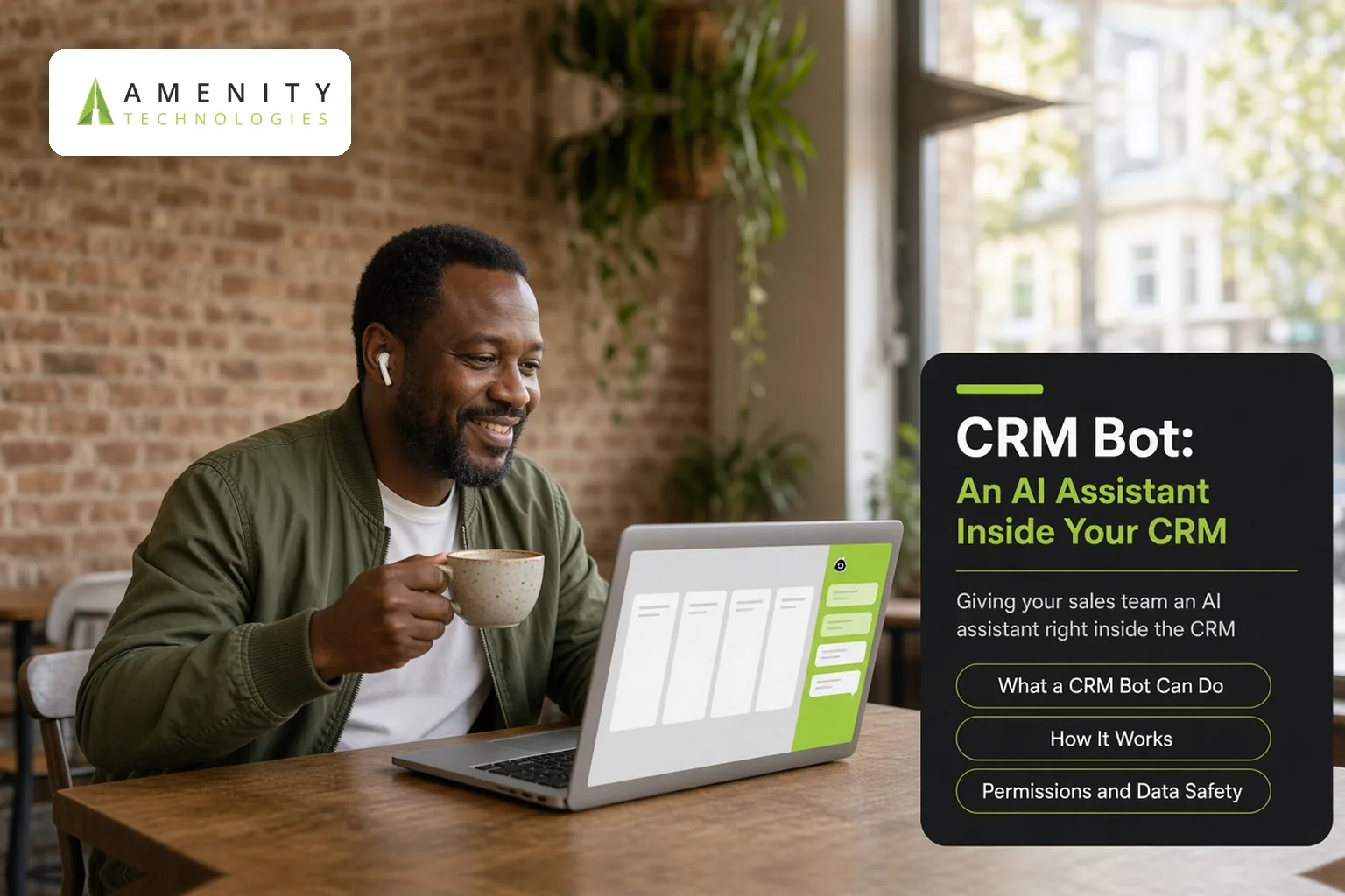 Smiling salesperson with a coffee using a laptop with a CRM board and an assistant side panel