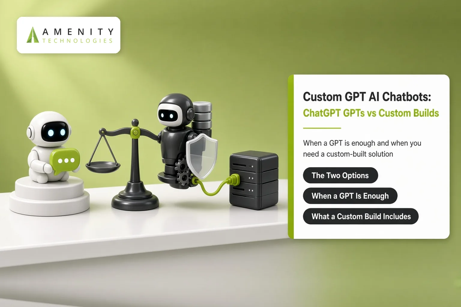 Two 3D robots on either side of a balance scale, one with a chat bubble and one with a shield and server
