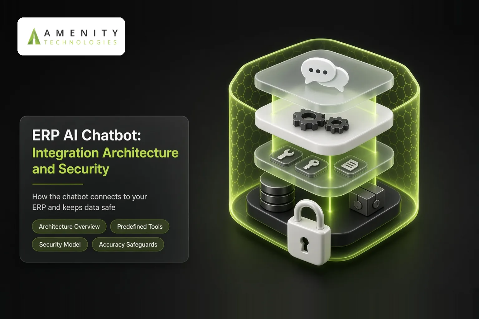 Glowing 3D stack of chat, gear, tool and database layers inside a protective shell with a padlock