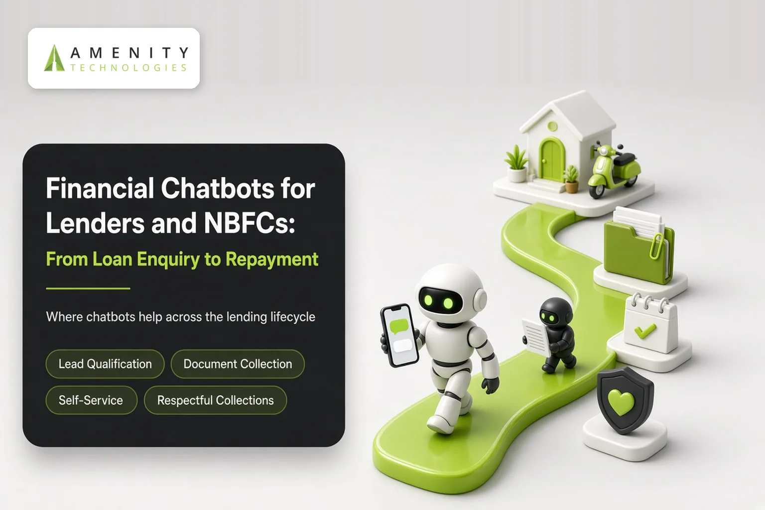 3D robots walking a winding path from a house past document folders and a calendar to a heart shield