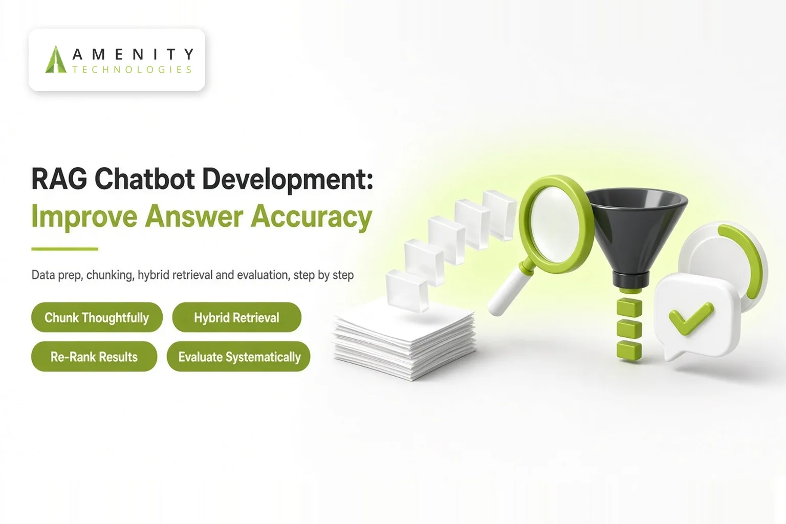 Document pages passing a magnifier and funnel into stacked chunks and a check mark