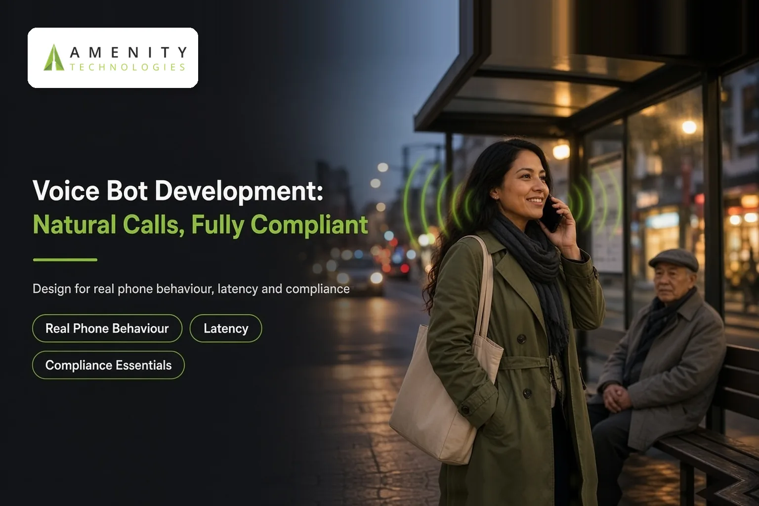 Woman on a phone call at a city bus stop at dusk, with sound waves around her and a man waiting nearby